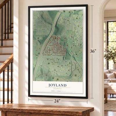 Joyland, Georgia map, 24 x 36 inch print in a black frame by a staircase