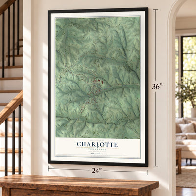 Charlotte, Tennessee map, 24 x 36 inch print in a black frame by a staircase