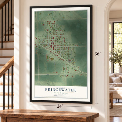 Bridgewater, South Dakota map, 24 x 36 inch print in a black frame by a staircase