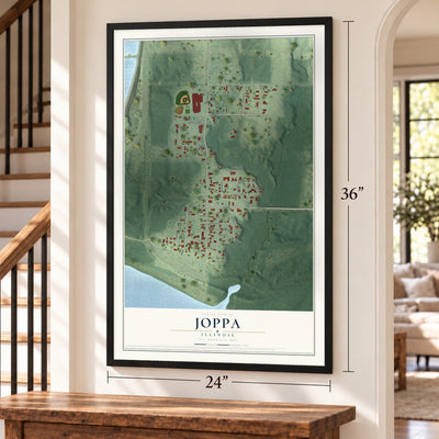 Joppa, Illinois map, 24 x 36 inch print in a black frame by a staircase
