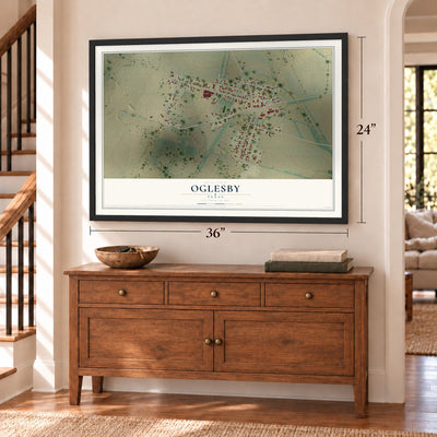Oglesby, Texas map, 24 x 36 inch print in a black frame above a dresser by a staircase