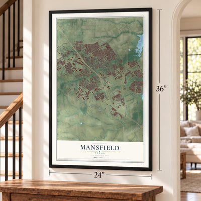 Mansfield, Texas map, 24 x 36 inch print in a black frame by a staircase
