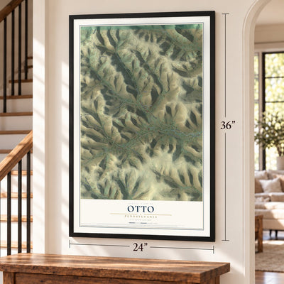 Otto, Pennsylvania map, 24 x 36 inch print in a black frame by a staircase