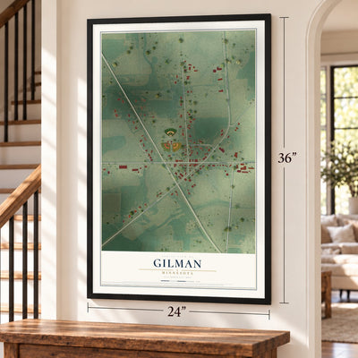 Gilman, Minnesota map, 24 x 36 inch print in a black frame by a staircase