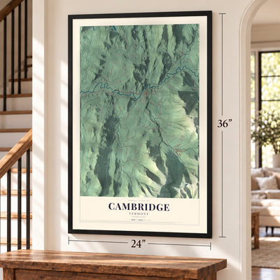 Cambridge, Vermont map, 24 x 36 inch print in a black frame by a staircase