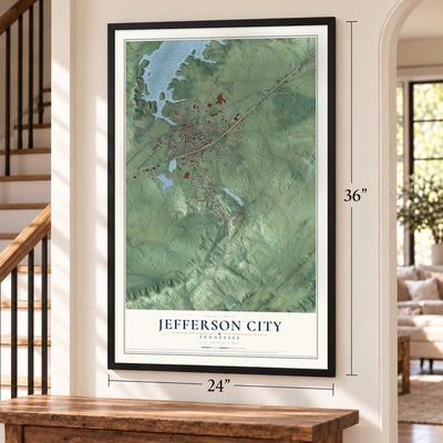 Jefferson City, Tennessee map, 24 x 36 inch print in a black frame by a staircase