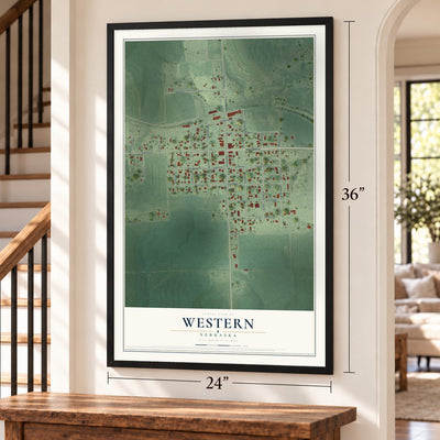Western, Nebraska map, 24 x 36 inch print in a black frame by a staircase