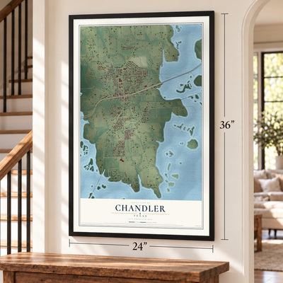 Chandler, Texas map, 24 x 36 inch print in a black frame by a staircase