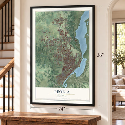 Peoria, Illinois map, 24 x 36 inch print in a black frame by a staircase