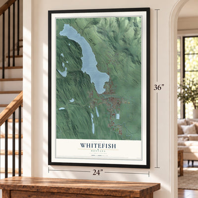 Whitefish, Montana map, 24 x 36 inch print in a black frame by a staircase