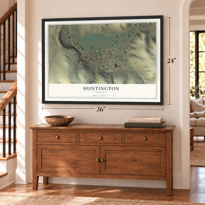 Huntington, Oregon map, 24 x 36 inch print in a black frame above a dresser by a staircase