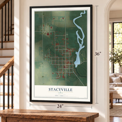 Stacyville, Iowa map, 24 x 36 inch print in a black frame by a staircase