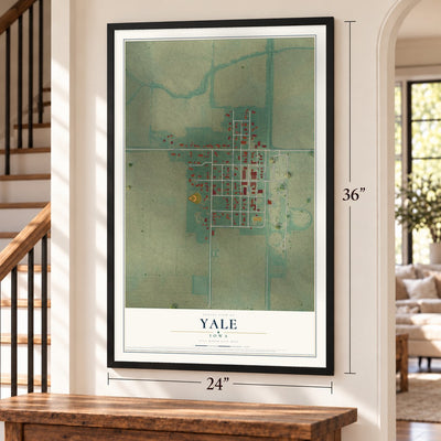 Yale, Iowa map, 24 x 36 inch print in a black frame by a staircase
