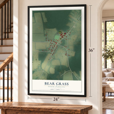 Bear Grass, North Carolina map, 24 x 36 inch print in a black frame by a staircase