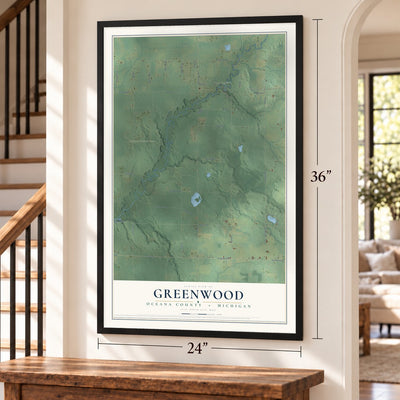 Greenwood, Oceana County, Michigan map, 24 x 36 inch print in a black frame by a staircase