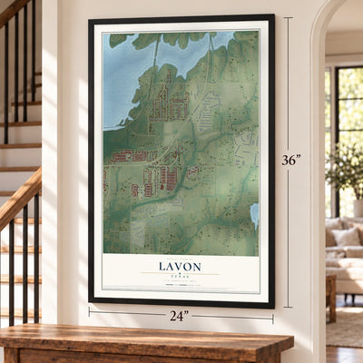 Lavon, Texas map, 24 x 36 inch print in a black frame by a staircase