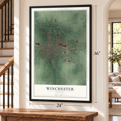 Winchester, Indiana map, 24 x 36 inch print in a black frame by a staircase