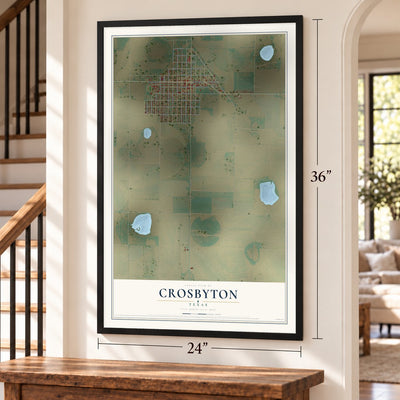 Crosbyton, Texas map, 24 x 36 inch print in a black frame by a staircase