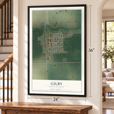 Gilby, North Dakota map, 24 x 36 inch print in a black frame by a staircase