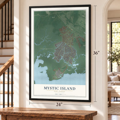 Mystic Island, New Jersey map, 24 x 36 inch print in a black frame by a staircase