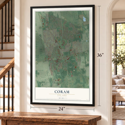 Coram, New York map, 24 x 36 inch print in a black frame by a staircase
