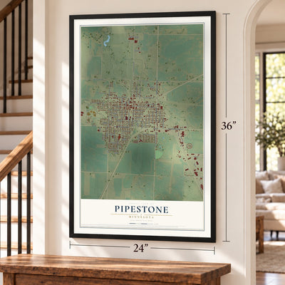 Pipestone, Minnesota map, 24 x 36 inch print in a black frame by a staircase