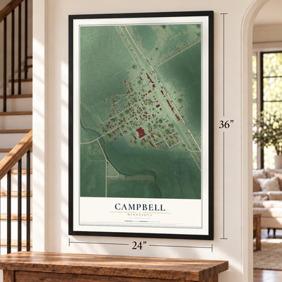 Campbell, Minnesota map, 24 x 36 inch print in a black frame by a staircase