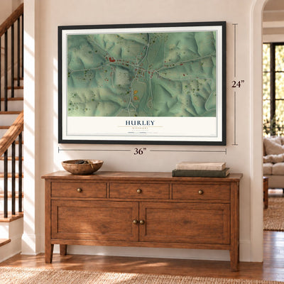 Hurley, Missouri map, 24 x 36 inch print in a black frame above a dresser by a staircase