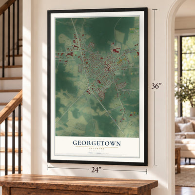 Georgetown, Delaware map, 24 x 36 inch print in a black frame by a staircase