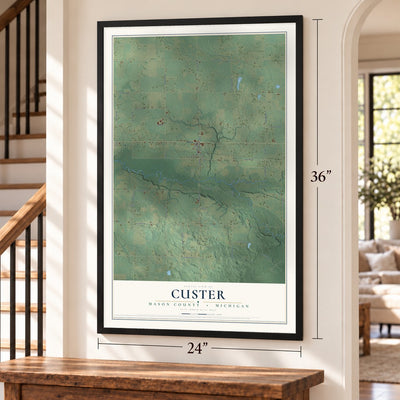 Custer, Mason County, Michigan map, 24 x 36 inch print in a black frame by a staircase