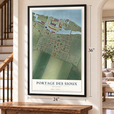 Portage Des Sioux, Missouri map, 24 x 36 inch print in a black frame by a staircase
