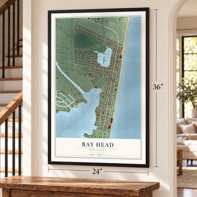 Bay Head, New Jersey map, 24 x 36 inch print in a black frame by a staircase
