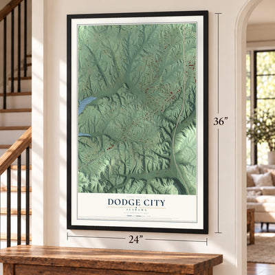 Dodge City, Alabama map, 24 x 36 inch print in a black frame by a staircase