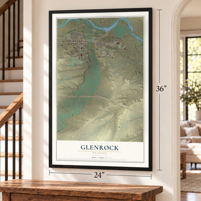 Glenrock, Wyoming map, 24 x 36 inch print in a black frame by a staircase