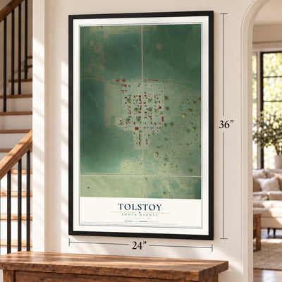 Tolstoy, South Dakota map, 24 x 36 inch print in a black frame by a staircase