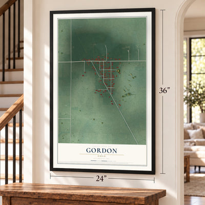 Gordon, Ohio map, 24 x 36 inch print in a black frame by a staircase