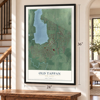 Old Tappan, New Jersey map, 24 x 36 inch print in a black frame by a staircase