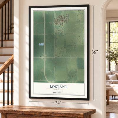 Lostant, Illinois map, 24 x 36 inch print in a black frame by a staircase