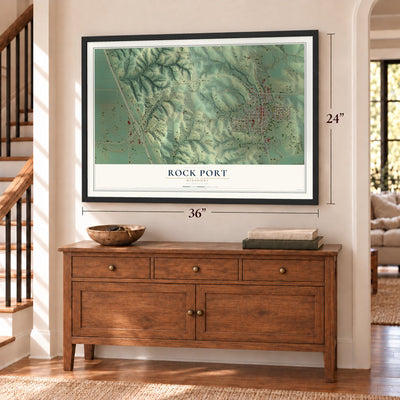 Rock Port, Missouri map, 24 x 36 inch print in a black frame above a dresser by a staircase
