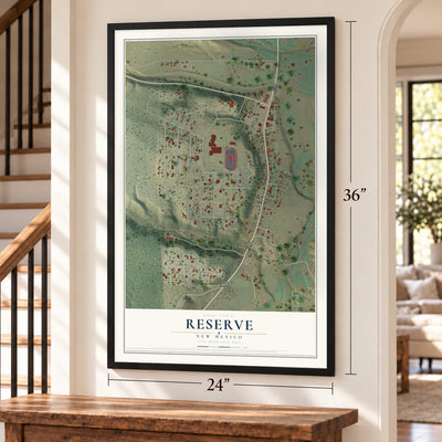 Reserve, New Mexico map, 24 x 36 inch print in a black frame by a staircase