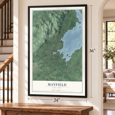 Mayfield, New York map, 24 x 36 inch print in a black frame by a staircase