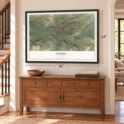 Fossil, Oregon map, 24 x 36 inch print in a black frame above a dresser by a staircase