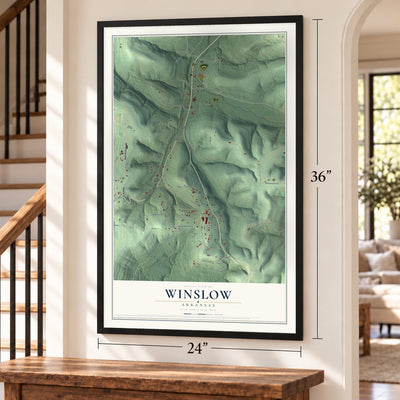 Winslow, Arkansas map, 24 x 36 inch print in a black frame by a staircase