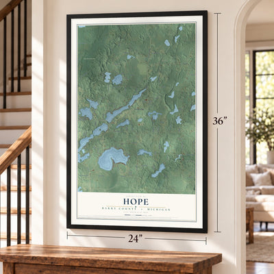 Hope, Barry County, Michigan map, 24 x 36 inch print in a black frame by a staircase