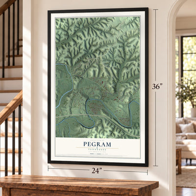 Pegram, Tennessee map, 24 x 36 inch print in a black frame by a staircase