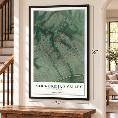 Mockingbird Valley, Kentucky map, 24 x 36 inch print in a black frame by a staircase