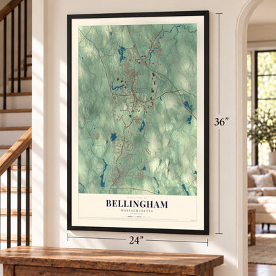 Bellingham, Massachusetts map, 24 x 36 inch print in a black frame by a staircase