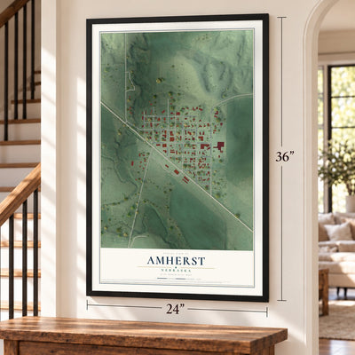 Amherst, Nebraska map, 24 x 36 inch print in a black frame by a staircase