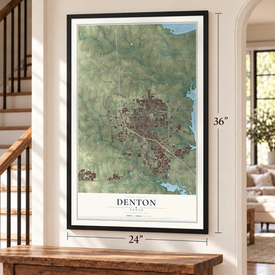 Denton, Texas map, 24 x 36 inch print in a black frame by a staircase