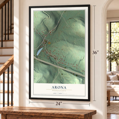 Arona, Pennsylvania map, 24 x 36 inch print in a black frame by a staircase